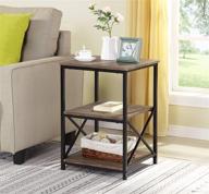 brown metal x-design chair side end table with reclaimed weathered finish and 3-tier shelf logo