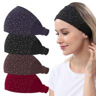 🧣 wide cotton headbands bandana for women - elastic soft thick headbands with rhinestone for yoga, running, turban headwraps - fashion hair accessories, pack of 4 (burgundy red, black, navy, dark grey) logo