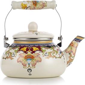 img 4 attached to OLYTARU Enamel Teapot Floral - Large Porcelain Enameled Teakettle in Style01 Green: Colorful Water Tea Kettle Pot for Stovetop with Small Retro Classic Design