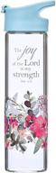 christian art gifts glass water bottle - the joy of the lord nehemiah 8:10 - pink floral design - 20oz - light blue logo