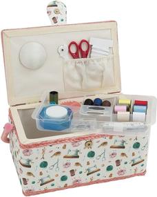 img 1 attached to 🧵 Smartek Classic Fabric Design Sewing Basket: Sewing Kit Accessories, Organizer, and Storage with Removable Tray, Built-in Pin Cushion - Large Size (10.8" x 6.6")