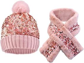 img 4 attached to 🧣 Winter Sequined Knit Hat and Scarf Set for Teen Girls - Cozy Beanie Hat with Faux Fur Pom and Sparkly Sequins Scarf