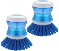 dish brush with soap dispenser for dishes, pots, pans, and kitchen sink scrubbing - set of 2, blue logo