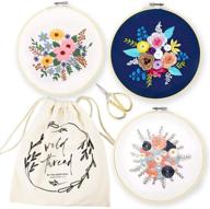 beginner's embroidery kit 3 set - diy craft for adults with pattern stamped fabric, bamboo hoops, thread, needles, thimble, gold scissors - cross stitch gift for women - starter sewing arts and crafts kit logo