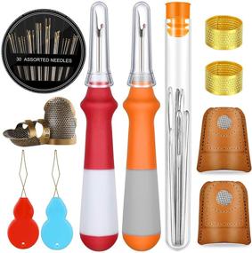 img 4 attached to 🧵 Complete 50-Piece Sewing Tools Kit: 6 Thimble Finger Protectors, 30 Hand Sewing Needles, 9 Large-Eye Knitting Needles, 2 Seam Rippers, 2 Wire Needle Threaders, and Storage Bottle