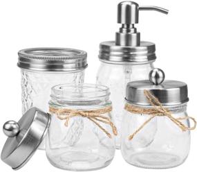 img 4 attached to 🛀 Tebery 4 Pack Mason Jar Bathroom Accessories Set: Rustic Farmhouse Decor for Countertop, Vanity Organizer - Soap Dispenser, Qtip Holder, and Toothbrush Holder Combo with Silver Lids