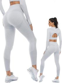 img 2 attached to 👩 High Waisted Yoga Leggings and Long Sleeve Crop Tops: Seamless Two Piece Workout Outfits for Women