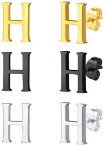 img 4 attached to 🎁 Discover FindChic Allergy Free Initial Earrings Set: 18K Gold Plated/Stainless Steel, Black Alphabet A to Z Letter Studs Pack (3 Pairs) - Comes with Gift Box!