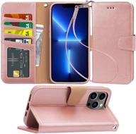 📱 arae iphone 13 pro max case wallet flip cover with card holder and wrist strap - rose gold (6.7 inch compatible) logo