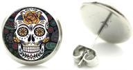 💀 dianal boutique gothic skull stud earrings with glass cabochon, silver tone - unique art picture jewelry logo