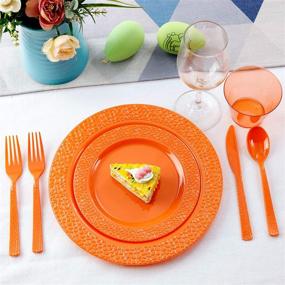 img 3 attached to Nervure" 150pcs Orange Plastic Plates with Hammered Silverware: Stylish and Convenient Dining Set