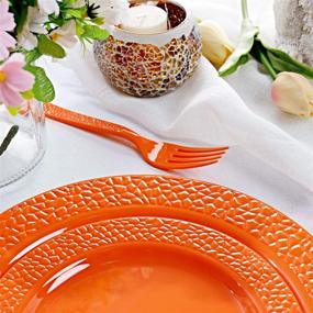 img 1 attached to Nervure" 150pcs Orange Plastic Plates with Hammered Silverware: Stylish and Convenient Dining Set