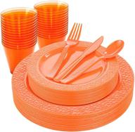 nervure" 150pcs orange plastic plates with hammered silverware: stylish and convenient dining set logo