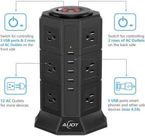 img 3 attached to Черная многофункциональная защита AiJoy Surge Protector Tower Power Strip - 12 розеток, 5 USB-портов, удлинитель на 10 футов - Зарядная станция для дома или офиса.