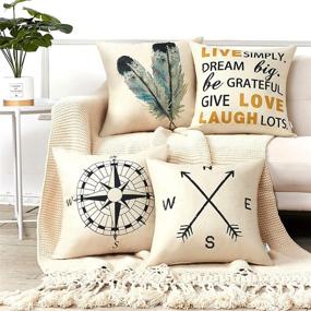 img 4 attached to 🧭 Anickal Decorative Pillow Covers 18x18 Inch Set of 4 Linen Compass Arrow Feather Live Love Laugh Quote Throw Pillow Covers for Modern Farmhouse Décor