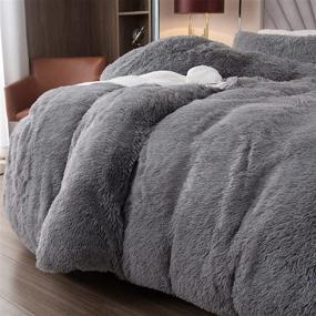 img 1 attached to 🛏️ EMME Luxury Fuzzy Duvet Cover Set - Queen Size Fluffy Comforter Cover Set for Queen Bed - Shaggy and Plush Soft Bedding Duvet Covers - Grey (Queen)