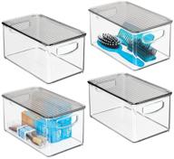 📦 mdesign plastic stackable bathroom storage box with handles & lid - 10" long, 4 pack - clear/smoke gray - holds soap, body wash, shampoo, lotion, conditioner, hand towels, hair accessories, body spray logo