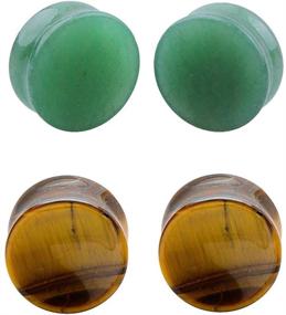 img 4 attached to 🌿 Kokoma 2Pairs Tiger Eyes & Green Jade Ear Plugs: Natural Stone Gauges for Double Flared Piercings