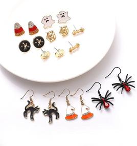 img 1 attached to PHALIN Halloween Earrings Set - Stylish Spider Web Pumpkin Ghost Bat Drop Earring Studs for Women & Girls - Halloween Party Jewelry Set