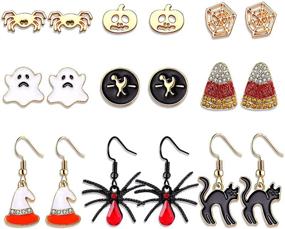 img 4 attached to PHALIN Halloween Earrings Set - Stylish Spider Web Pumpkin Ghost Bat Drop Earring Studs for Women & Girls - Halloween Party Jewelry Set