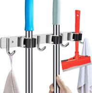 stainless steel wall mount broom mop holder tool hanger organizer for home, kitchen, garden, garage, landry - 3 racks, 4 hooks, black logo