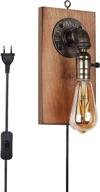 🔌 modern vintage steampunk plug in cord led wall lamp - industrial adjustable wood wall sconce lighting fixture with on/off switch - versatile indoor reading light porch decoration for kids bedroom living room логотип