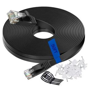 img 4 attached to 🔌 50ft Flat Black Cat 6 Ethernet Cable by UDATON - Upgraded Durable LAN Network Wire with Clips and Cable Tie, Ideal for Outdoor & Indoor Use, High-Speed for Router, Gaming, Switch, Xbox, IP Cam, Modem