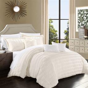 img 3 attached to Chic Home Hadassah 6 Piece Comforter Set - Striped Ruched Ruffled Bedding with Decorative Pillows and Shams - Queen Size in Beige