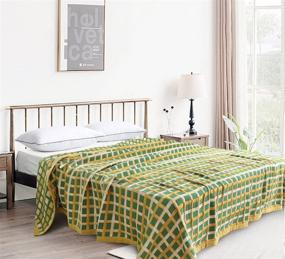 img 2 attached to 🍃 Heather Touch Bamboo Fall Blanket Queen Size Patchwork Plaid Jacquard Decorative Lightweight Soft and Breathable (78"x90" ,Green/Yellow)