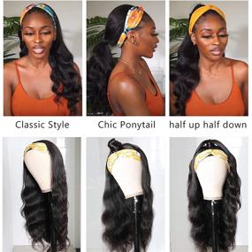 img 3 attached to Body Wave Headband Wig for Black Women - Brazilian Virgin Human Hair Machine Made Half Wig with Ice Silk Headband - 14 Inch, 150% Density