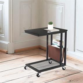 img 2 attached to 🪑 Industrial C Shaped Couch Sofa End Table with Side Bag & Rolling Wheels for Living Room, Bedroom - AITTA Side Table with Storage (Black)