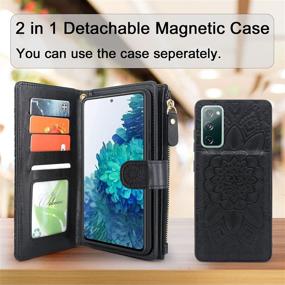 img 2 attached to 📱 Harryshell Detachable Magnetic Zipper Wallet Leather Case with Cash Pocket, 12 Card Slots, Wrist Strap for Samsung Galaxy S20 FE 5G (2020) - Floral Flower Design, Black