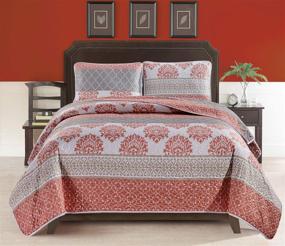 img 3 attached to Masterplay All-Season Quilt Set - 3-Piece Fine Printed Bedspread Coverlet Queen Size Bed Cover (Coral, Grey) - Lattice and Stripe Patterns