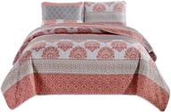 masterplay all-season quilt set - 3-piece fine printed bedspread coverlet queen size bed cover (coral, grey) - lattice and stripe patterns logo