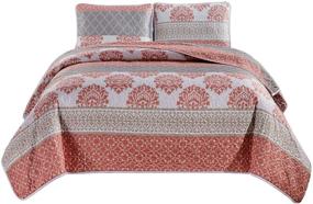 img 4 attached to Masterplay All-Season Quilt Set - 3-Piece Fine Printed Bedspread Coverlet Queen Size Bed Cover (Coral, Grey) - Lattice and Stripe Patterns