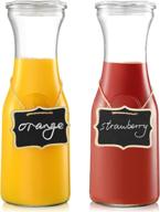 premium set of 2 glass carafes with lids - ideal for mimosa bar, brunch, cold water, wine, iced tea, and lemonade! includes 2 wooden chalkboard tags logo