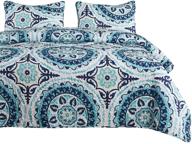 🎨 mandala quilt set: teal turquoise and navy blue boho chic pattern on white - soft microfiber bedspread coverlet bedding (3pcs, queen size) logo