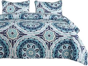 img 3 attached to 🎨 Mandala Quilt Set: Teal Turquoise and Navy Blue Boho Chic Pattern on White - Soft Microfiber Bedspread Coverlet Bedding (3pcs, Queen Size)