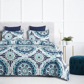 img 2 attached to 🎨 Mandala Quilt Set: Teal Turquoise and Navy Blue Boho Chic Pattern on White - Soft Microfiber Bedspread Coverlet Bedding (3pcs, Queen Size)