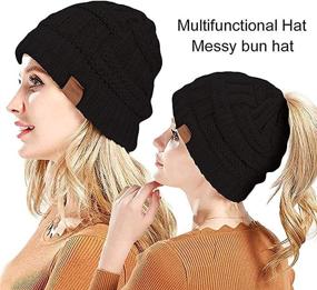 img 1 attached to 🧣 Stay Cozy and Stylish with the Rosoz Ponytail Beanie: Winter Warmth, Soft Stretch, and Cable Knit Messy High Bun Hat for Women