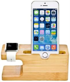 img 4 attached to 📱 Bamboo Wood Desktop Charging Dock Station for iPhone and Apple Watch - Compatible with Samsung Galaxy, LG, HTC, and More Smartphones