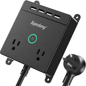 img 4 attached to 💡 SUPERDANNY Power Strip with USB, 2 Widely Spaced Outlets &amp; 4 USB Ports | Desktop Charging Station | Wall Mountable | Flat Plug Extender with 5ft Extension Cord and Switch | for Home Office Nightstand | Black
