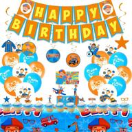 🎉 esehoyo bilippi birthday party supplies - 51pcs blippi supplies for kids with happy banner, hanging swirls, balloons, cupcake toppers, plates, and tablecloth logo