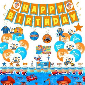 img 4 attached to 🎉 Esehoyo Bilippi Birthday Party Supplies - 51PCS Blippi Supplies for Kids with Happy Banner, Hanging Swirls, Balloons, Cupcake Toppers, Plates, and Tablecloth