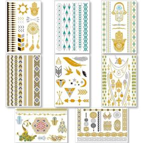 img 3 attached to 💫 Caicos Metallic Temporary Tattoos for Women, Teens, and Girls - 8 Sheets of Gold and Silver Glitter Shimmer Designs - Trendy Jewelry Tattoos with 100+ Color Flash, Waterproof Fake Tattoo Stickers