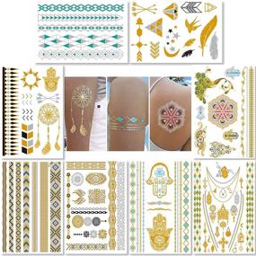 img 4 attached to 💫 Caicos Metallic Temporary Tattoos for Women, Teens, and Girls - 8 Sheets of Gold and Silver Glitter Shimmer Designs - Trendy Jewelry Tattoos with 100+ Color Flash, Waterproof Fake Tattoo Stickers