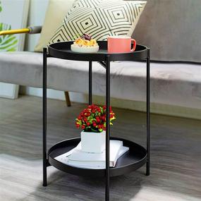 img 1 attached to 🌟 Versatile Pokpek Black Side Table: 2-Tier Round End Table with Removable Tray for Bedroom or Living Room - Modern, Stylish and Perfect for Indoor/Outdoor Use