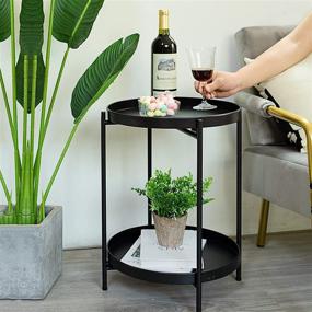 img 2 attached to 🌟 Versatile Pokpek Black Side Table: 2-Tier Round End Table with Removable Tray for Bedroom or Living Room - Modern, Stylish and Perfect for Indoor/Outdoor Use