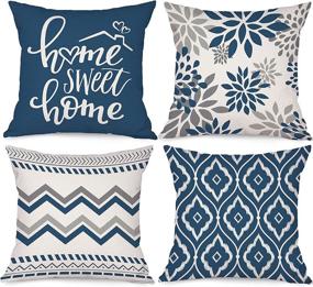 img 4 attached to 🌲 Bonsai Tree Blue 18x18 Pillow Covers - Set of 4 Geometric Throw Pillow Cases in Gray and White Stripe - Perfect Linen Square Couch Cushion Covers for Living Room and Outdoor Sofa (Navy Blue)