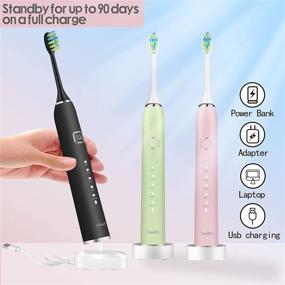 img 1 attached to 7am2m Electric Toothbrush Set: 2 Pack for Kids and Adults with 12 Brush Heads, 5 Modes, Smart Timer, Fast Wireless Charge - IPX7 Waterproof Sonic Toothbrush in Black+Pink
